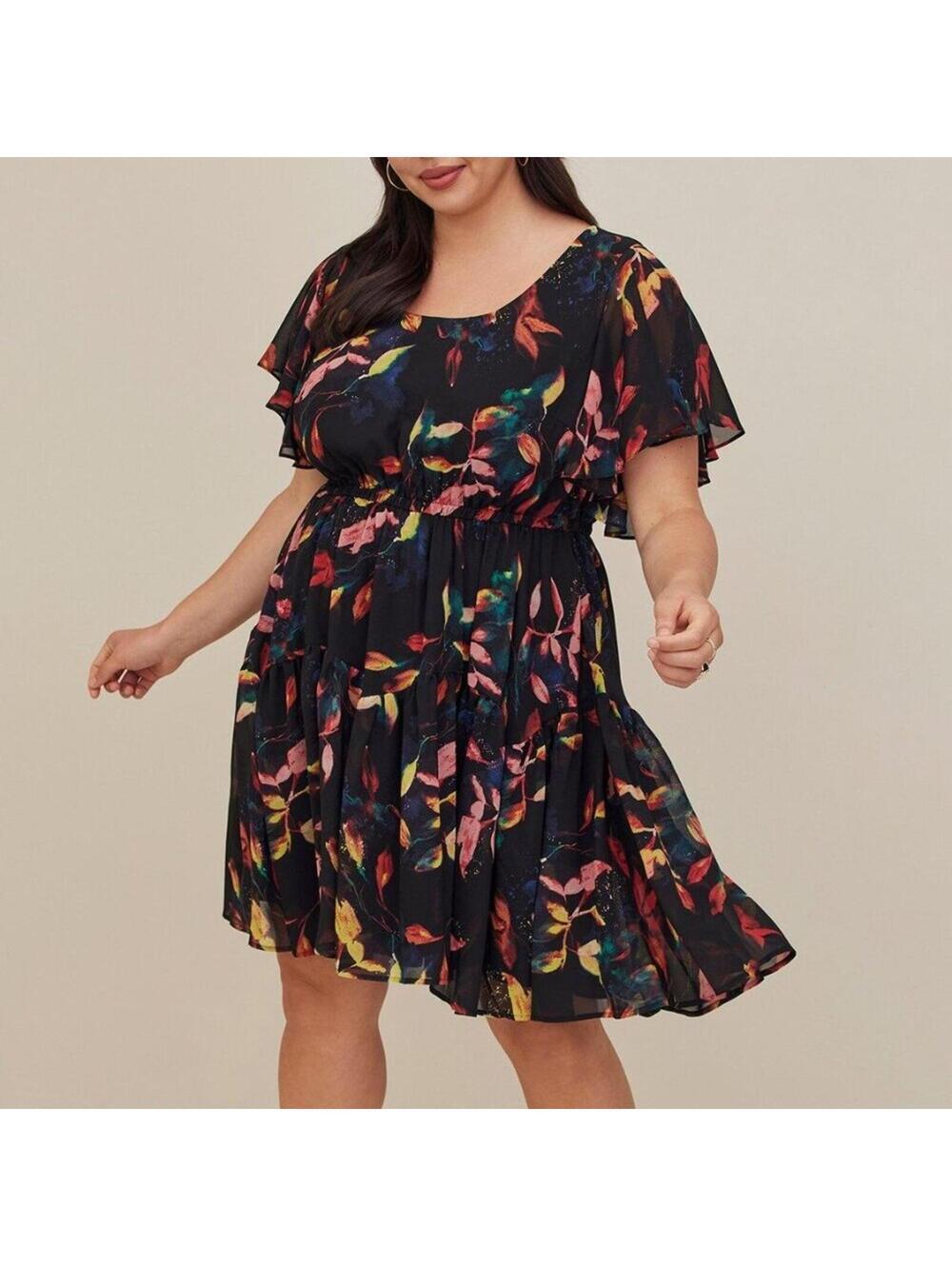 Torrid Mini Chiffon Ruffle Hem Skater Dress NWT 0 Large 12 Floral Flutter Sleeve